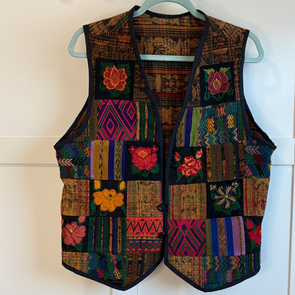 Colorful Handcrafted Patchwork Vest with Floral Embroidery